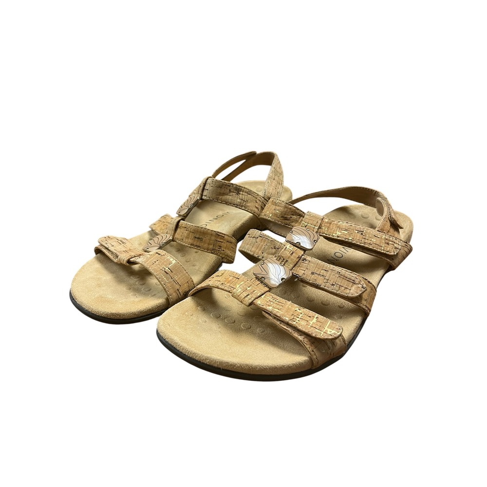 VIONIC Amber Sandals Sz 10 Like New Tan Cork Orthotic Comfort Adjustable Straps